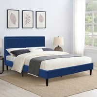 Padded Headboard Grey Fabric Bed Frame - Blue / Double