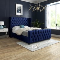 Donati Straight Curved Top Upholstered Soft Velvet Bed Frame - Blue / King