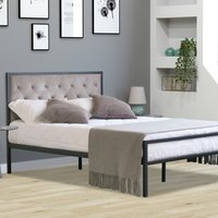 Velvet Buttoned Headboard Metal Bedframe  - Grey / King