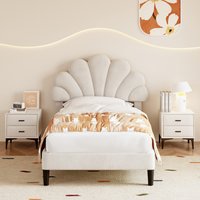 Upholstered Velvet Bed Frame with Adjustable Chic Petal Headboard  Beige  Single | Bed Sava