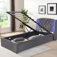 Fabric Gas Lift Bedframe LED Headboard - Grey / Single