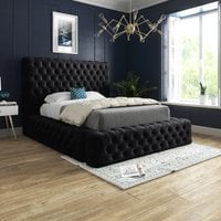 Cambridge Upholstered Soft Velvet Fabric Buttons Bed   - Black  / Superking