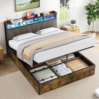 Bed Frame with Hydraulic Storage and LED Light Headboard - Dark Walnut / Double