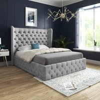 Florence Wide Winged Upholstered Soft Velvet Bed Frame - Grey / Small Double
