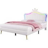 Double Bed Frame with Adjustable LED Crown Headboard - Cream