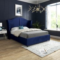 Zampa Curved Top Curved Winged Upholstered Soft Velvet Bed Frame - Blue / Double