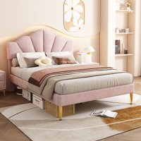 Velvet Upholstered Bed with Height adjustable Headboard  Pink  Double | Bed Sava