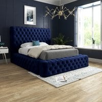 Cambridge Upholstered Soft Velvet Fabric Buttons Bed   - Blue / King