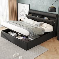Fashion Upholstered Bed with Concealed Headboard Storage - Black / Double
