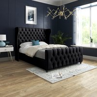Donati Straight Curved Top Upholstered Soft Velvet Bed Frame - Black / Single