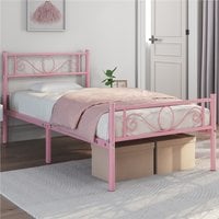 Metal Bed Frame with Scroll Design Headboard - Pink / Single