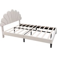 Double Velvet Bed Frame with Adjustable Petal Headboard - Beige