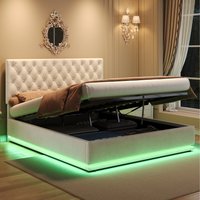Double Ottoman Bed Upholstered Bed with Handmade Button Tufted Headboard  Beige | Bed Sava
