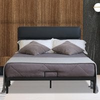 Metal Bedframe with Faux Leather Headboard - Black / Double