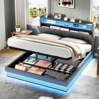 Double Upholstered Bed Frame with Hydraulic Storage and LED Headboard  Grey | Bed Sava