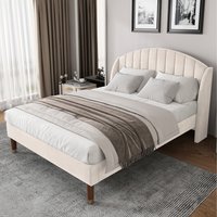 Velvet Upholstered Bed with Slatted Frame and Headboard  Beige  King | Bed Sava
