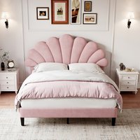 Upholstered Velvet Bed Frame with Adjustable Chic Petal Headboard  Pink  Double | Bed Sava