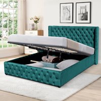 Winged Velvet Storage Bed Frame with Headboard - Green / Double