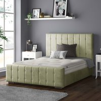 Anastasia Striped Plush Velvet Bed Frame with Diamonds - Light Green / Superking