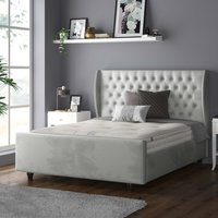 Aurora Chesterfield Wing Plush Velvet Bed Frame with Matching Buttons - Silver / Superking