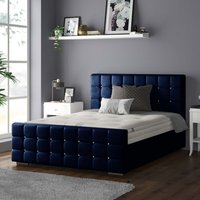 Cube Chesterfield Plush Velvet Bed Frame with Diamonds - Royal Blue / Double