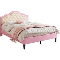 Pink and beige upholstered bed frame with adjustable headboard and wood slats - Pink / Double