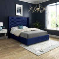 Volta Straight Winged Upholstered Soft Velvet Bed Frame - Blue / Small Double