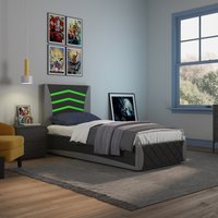 Galaxy Ottoman Storage LED Headboard Gaming Single Bed Frame - Black and Grey