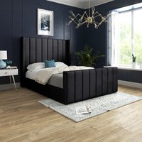Oxford Panel Lined Upholstered Soft Velvet Bed  - Black  / Double