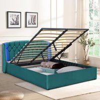 Fabric Gas Lift Bedframe LED Headboard - Green / Double