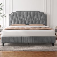 Upholstered Bed Frame with Button Tufted Headboard  Light Grey  King | Bed Sava
