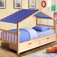 3ft Wooden House Storage Bed - Natural  / Blue tent