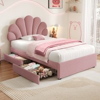 Velvet Single Bed Frame with Petal Headboard and Storage Drawers - Pink