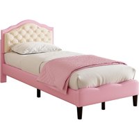Pink and beige upholstered bed frame with adjustable headboard and wood slats - Pink / Single