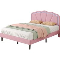 Double Velvet Bed Frame with LED Adjustable Shell Headboard - Pink