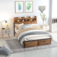 HOMCOM Steel Bed Frame with Storage Headboard - Rustic Brown, Black / 208.8cm / Double