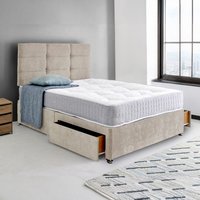 Crush Velvet Divan Bed with Cube Buttoned Headboard - Cream Crush Velvet / Small Double / No Drawers