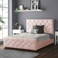 Belle Chesterfield Plush Velvet Bed Frame with Diamonds - Pink / Superking