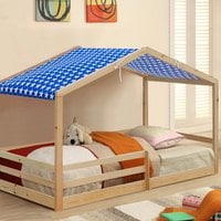 3ft Single Wooden House Style Bed with Tent Option - Natural / Blue tent