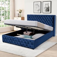 Winged Velvet Storage Bed Frame with Headboard - Blue / King