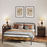 5FT Industrial Metal and Wood Bed Frame with Headboard - Black and Brown