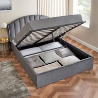Storage Ottoman King Size Bed & Mattress - Curved Plush Winged Headboard with Brushed Velvet - Grey - Gas-Assisted Lift