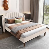 Velvet Upholstered Bed with Slatted Frame and Headboard  Beige  Double | Bed Sava