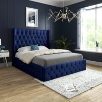 Turin Straight Winged Upholstered Soft Velvet Bed Frame - Blue / King