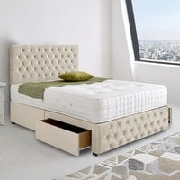 Divan Bed Base with Spanish Bottoned Headboard - Cream / Superking / No Storage