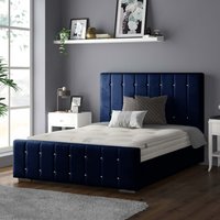 Anastasia Striped Plush Velvet Bed Frame with Diamonds - Royal Blue / Double