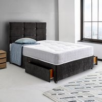 Crush Velvet Divan Bed with Cube Buttoned Headboard - Black Crush Velvet / Small Double / 2x Drawers Same Side
