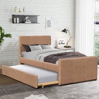 3ft Single Fabric Bed Frame With Trundle Bed - BROWN