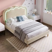Velvet Material Upholstered Bed with LED and Adjustable Headboard  Beige | Bed Sava