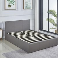 Ottoman Storage Bed - Double Size - Gas-Assisted Lift - Grey - Wooden Base Slats & Stitched Headboard - Faux Leather